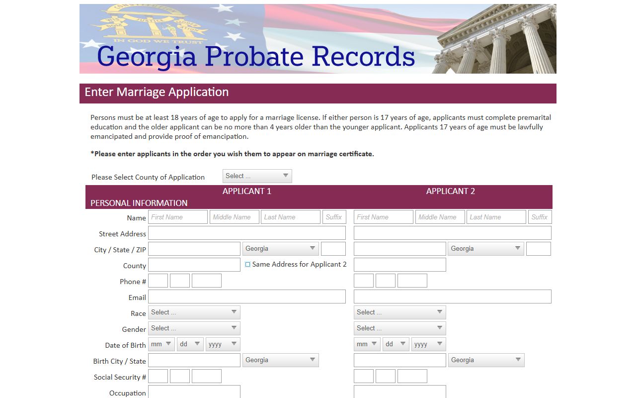 Whitfield County marriage divorce records Georgia Probate Records marriage application portal
