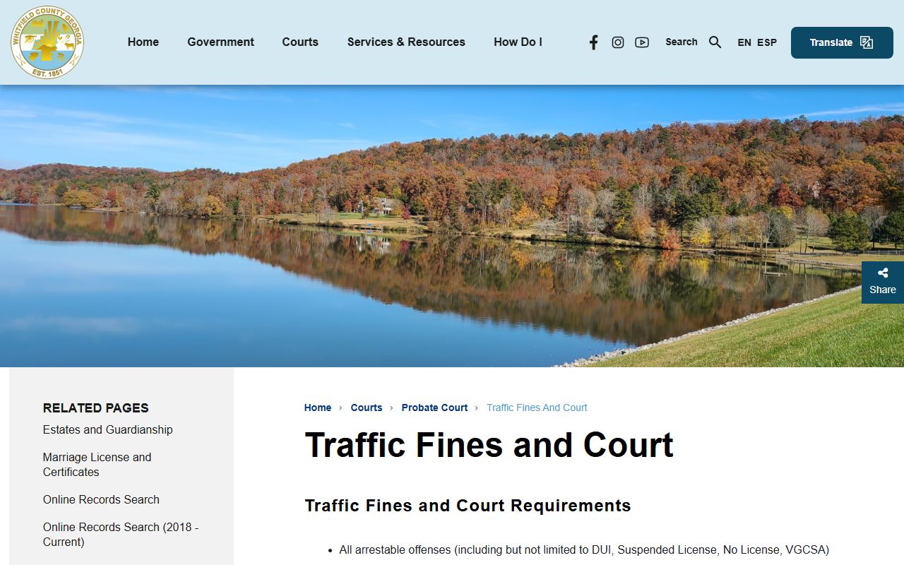 Whitfield County traffic court records Probate traffic fines and court page